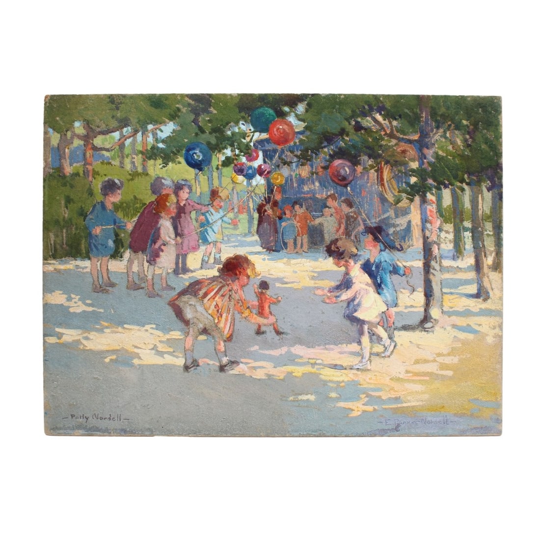 Emma Alice Parker, American (1876–1958): Emma Alice (Polly) Parker Nordell, American (1876–1958), Oil on Artists Board, "At Play-Luxembourg Gardens". Signed lower left and right. Signed and titled to verso. Exhibition labels to verso.