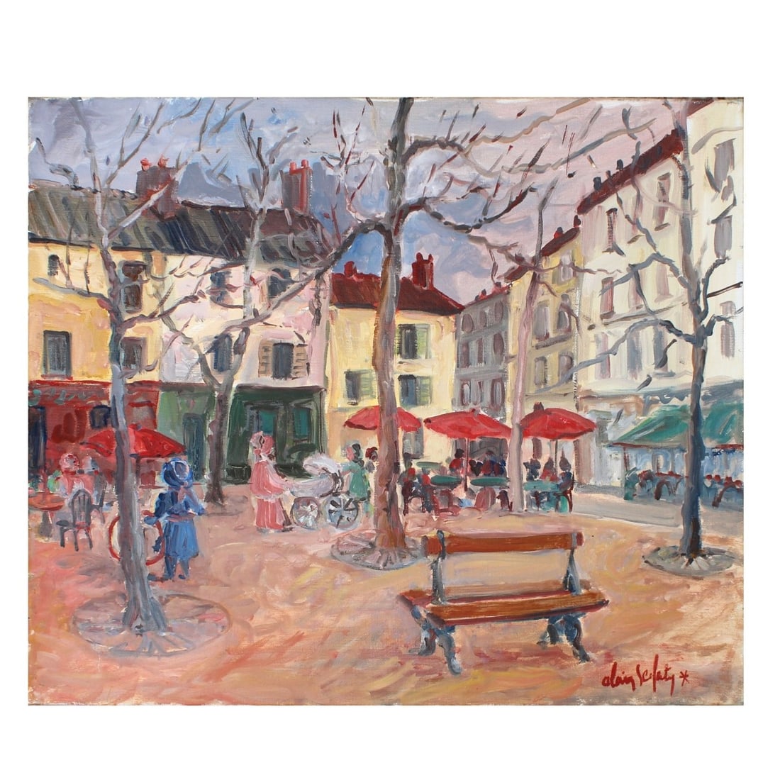 French School O/C: Vintage 20th Century French School Oil on Canvas, City Park Scene. Signed (illegible) lower right. Measures 18" H, 22-1/2" W. Kodner Galleries offers phone and absentee bidding at a low, flat 21%
