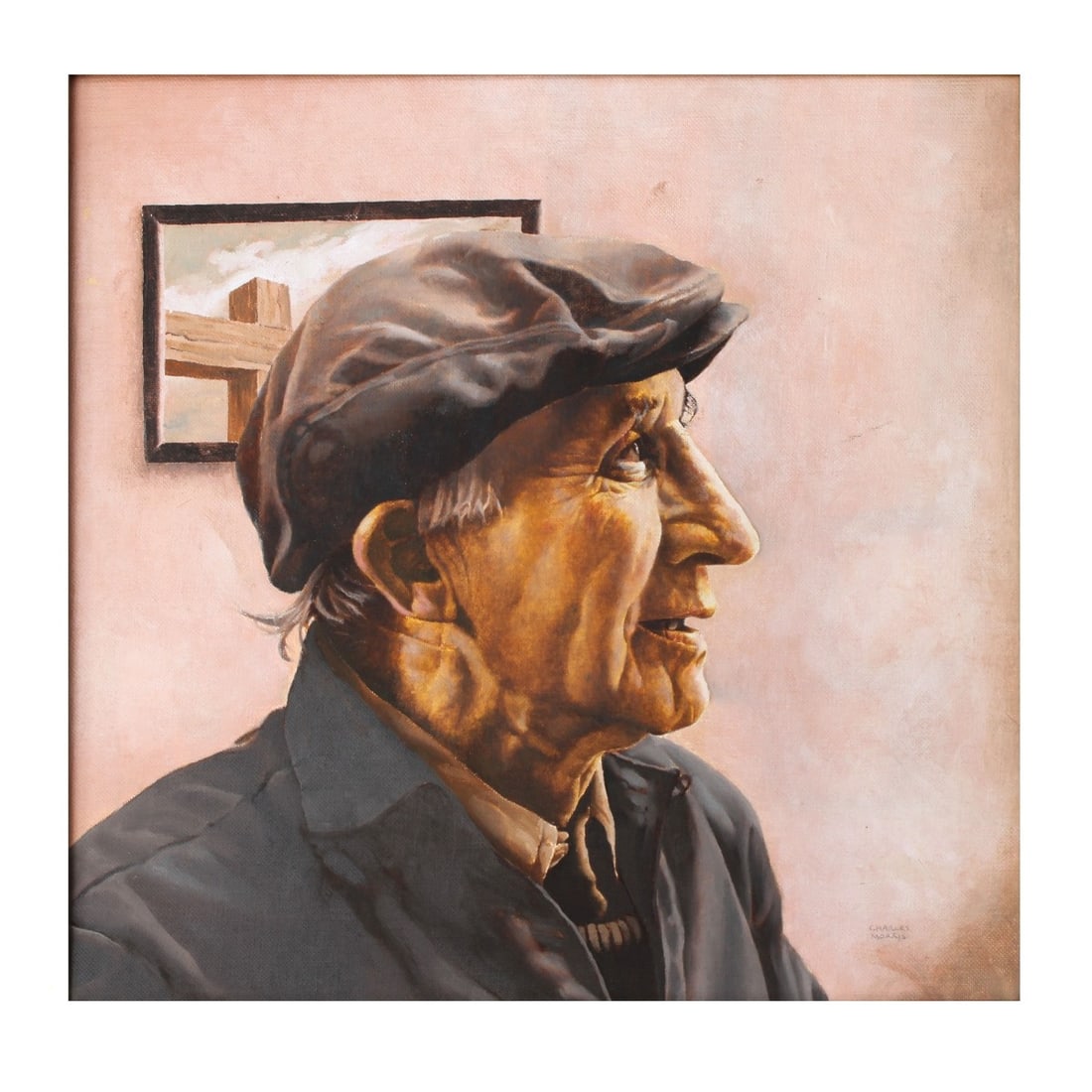 20th Cent. O/C Portrait of a Man: 20th Century Probably American School Oil Canvas Board, Portrait of an Old Man. Signed Charles Morris lower right. Measures 15-1/2" H, 16" W; frame measures 18" H, 18-5/8" W. Kodner Galleries offers