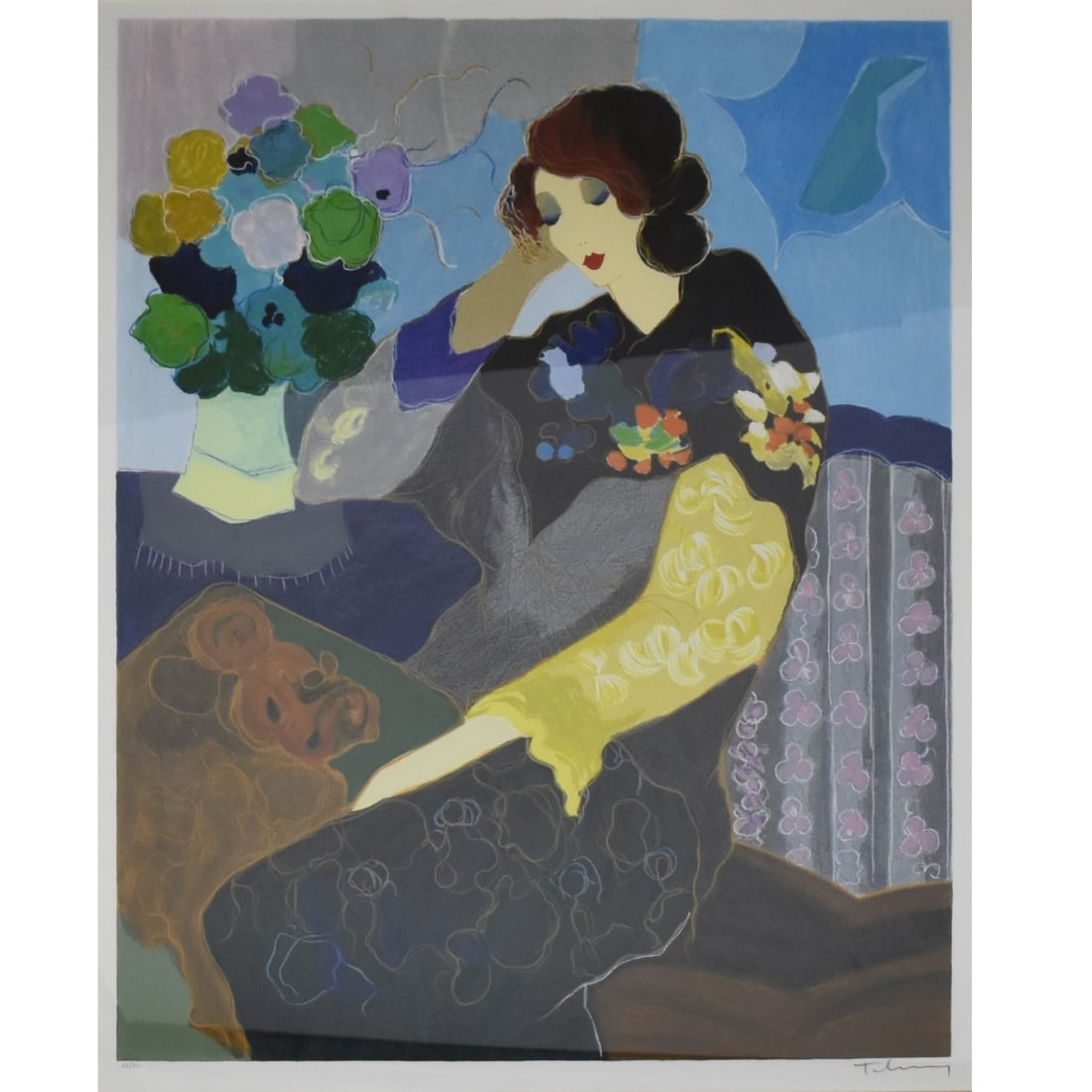 Itzchak Tarkay, Isareli (1935-2012): Itzchak Tarkay, Israeli (1935-2012) "Contemplation" Limited Edition Serigraph. Artist signed and numbered "66/350" in pencil with the Givon seal stamp bottom margin. Image area measures: 34" high,