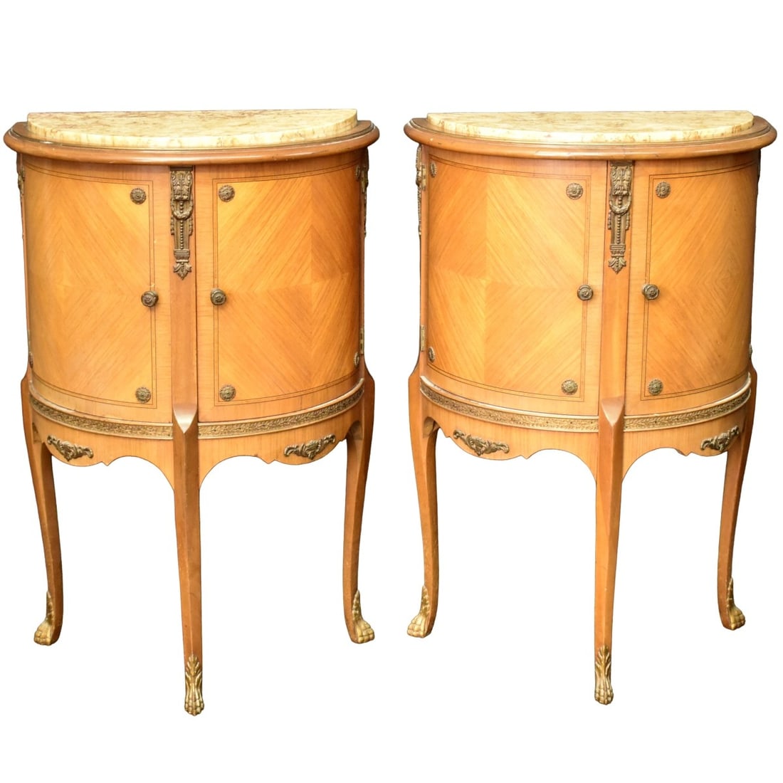 French Neo-classical Tables: Vintage Pair of French Neo-classical Demilune Marble Top Tables with Brass Mounts and Inlay Wood. Measures: 33-1/2" high, 22" wide, 12-1/2" deep. Kodner Galleries offers phone and absentee bidding at