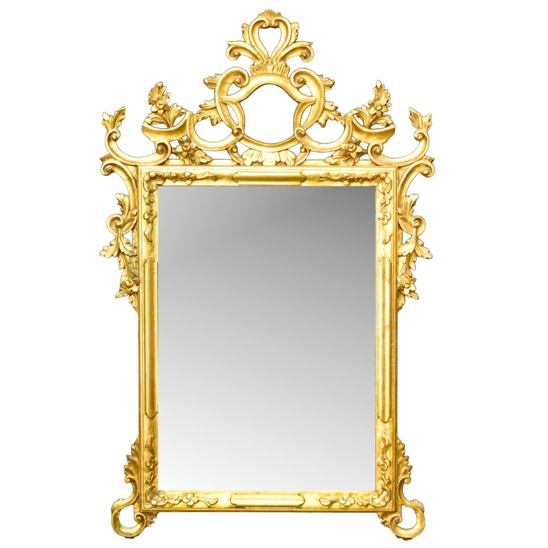 Rococo Gilt-wood Mirror: Vintage Rococo Gilt-wood Mirror with Heavy Scrollwork with Carved Flowers and Garland. Overall measures: 48-1/2" high, 30" wide, mirror measures: 28" high, 19" wide. Kodner Galleries offers phone and