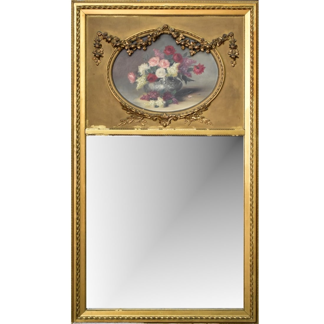 Antique French Style Trumeau Mirror: Antique French Trumeau Style Gilt Wood with Painted Flowers on Canvas and Carved Wood Garland. Painting artist signed bottom right-hand corner. Overall measures: 74" high, 41" wide. Kodner Galleries