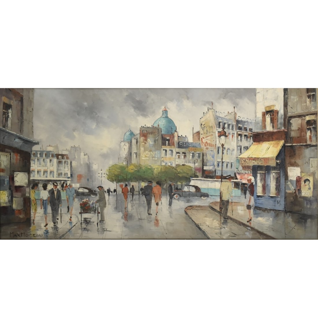 Max Leon Moreau, French (1902-1992): Max Leon Moreau, French (1902-1992) City Landscape of a Parisian Street View. Artist signed bottom left-hand corner. Image area measures: 24" high, 46-1/2" wide, frame measures: 30" high, 52-1/2"