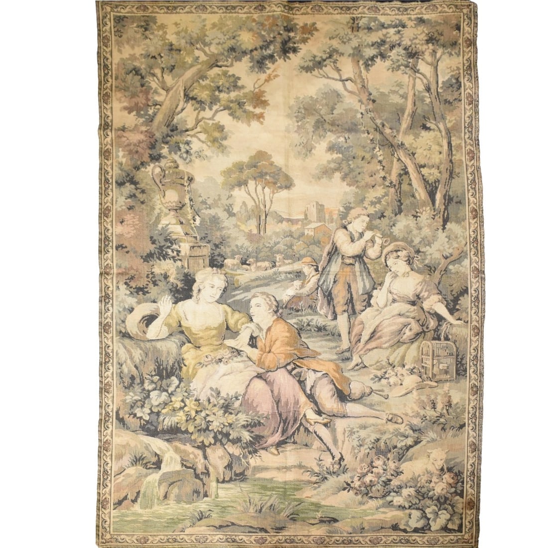 Vintage French Aubusson Style Tapestry: Vintage French Aubusson Style Pictorial Machine Made Tapestry with a Romantic Scene. Measures: 74" high, 48" wide. Kodner Galleries offers phone and absentee bidding at a low, flat 21% buyer’s