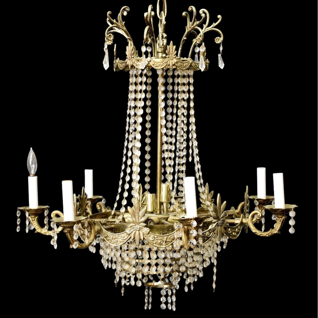 Vintage Bronze and Crystal Chandelier: Vintage Eighteen (18) Light Bronze and Crystal Chandelier with Ceiling Canopy. Measures: 24" high, 28" diameter. Kodner Galleries offers phone and absentee bidding at a low, flat 21% buyer’s premium