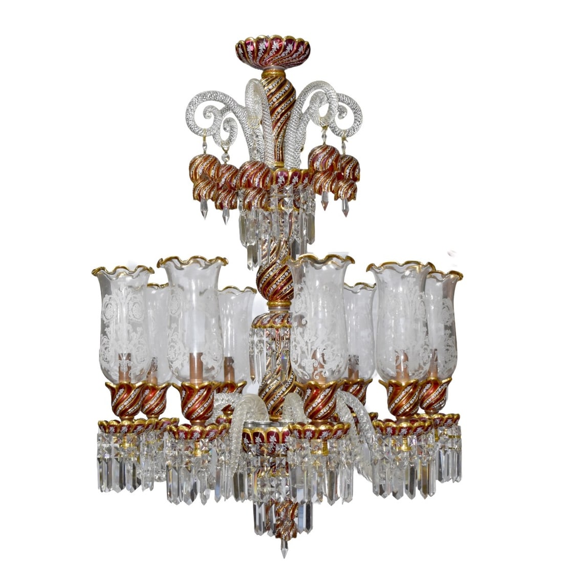 Mid-20th Century Crystal Chandelier: Mid-20th Century Venetian Style Cut Ruby Red to Clear Crystal Eight (8) Arm Chandelier with Etched Glass Globes and Crystal Drops Having Gold Enamel Details. Measures: 40" high, 26" diameter. Kodner G