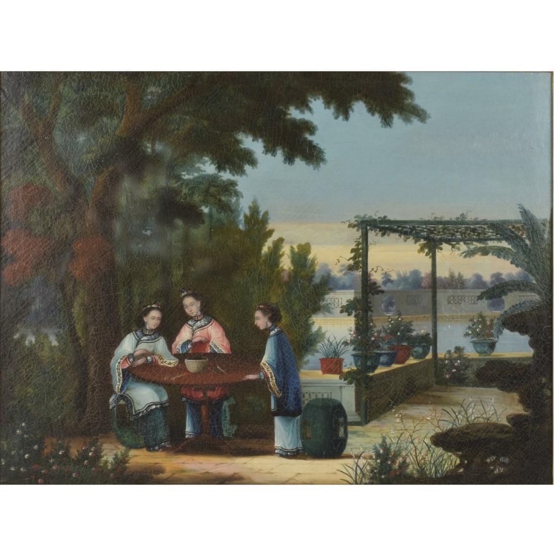 Chinese Export Oil on Canvas: Chinese Export Oil on Canvas of a Group of Women Gathered Around an Outdoor Table on an Ornate Patio Garden. Early 19th Century. Image area measures: 16-1/2" high, 22-1/2" wide, frame measures: 21-1/2