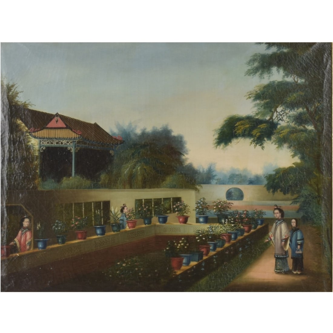 Chinese Export Oil on Canvas: Chinese Export Oil on Canvas of a Group of Figures Gathered on an Ornate Patio Garden. Early 19th Century. Image area measures: 16-1/2" high, 22-1/2" wide, frame measures: 21-1/2" high, 27-1/2" wide.