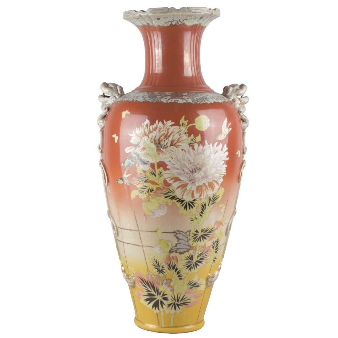 Satsuma Porcelain Floor Vase: Antique Satsuma Porcelain Floor Vase Decorated with Flying Birds and Multitude of Flowers on a Orange Ground with Attached Foo Handles and Endless Knot Tassels. Measures: 29-1/2" high, 11-1/2"