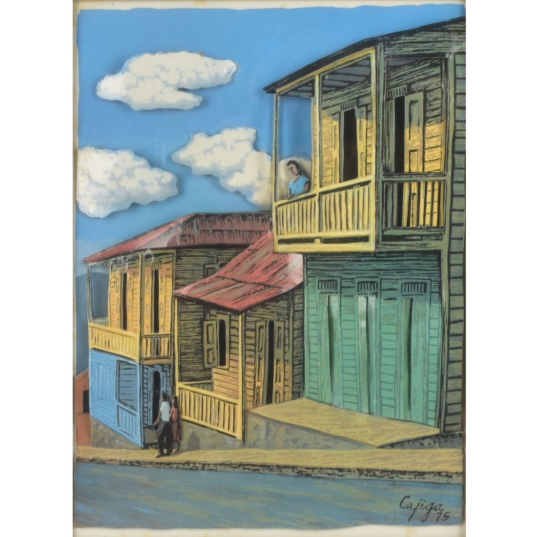 Luis German Cajiga, Puerto Rican (1934-2025): Luis German Cajiga, Puerto Rican (1934-2025) Three-Dimensional Decoupage Sculpture Depicting Buildings and Standing Figures. Signed and dated lower right-hand corner "Cajiga 75," mounted in a shadow