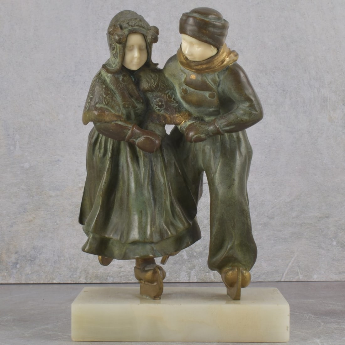 Louis Sosson, French, Active Circa 1905–1930): Louis Sosson, French, Active Circa 1905–1930), Patinated Bronze and Carved Organic Material, "Ice Skaters" on Onyx Base. We Will Not Ship This Item Outside of the State of Florida. Anyone Having
