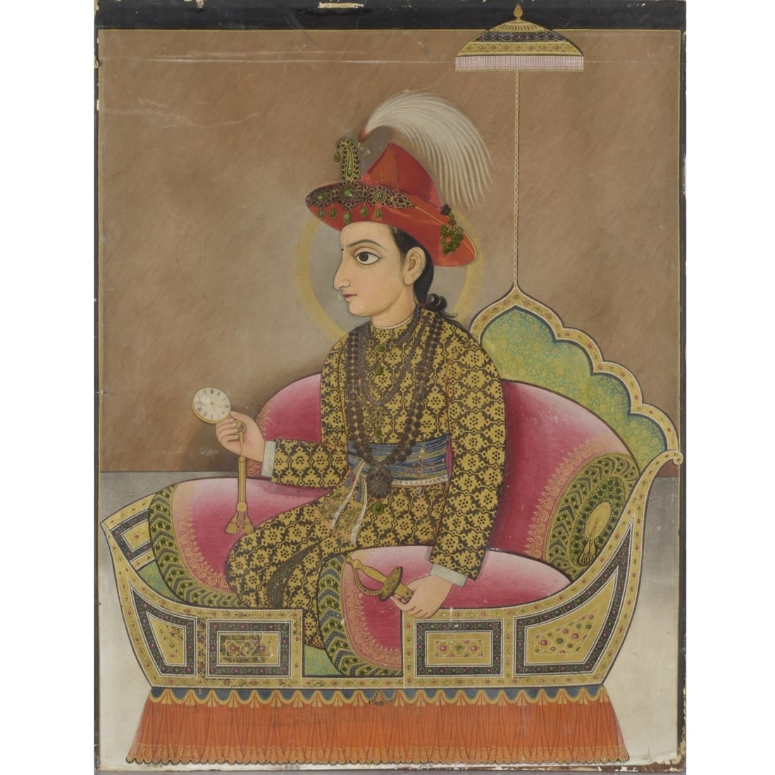 Antique Painting of a Mughal Emperor: Antique Painting on Paper Mounted to Board of an Mughal Emperor, Likely that of Shah Jahan or Akbar Seated on a Luxurious Throne and Dressed in Traditional Attire while Holding a Sword in one Hand