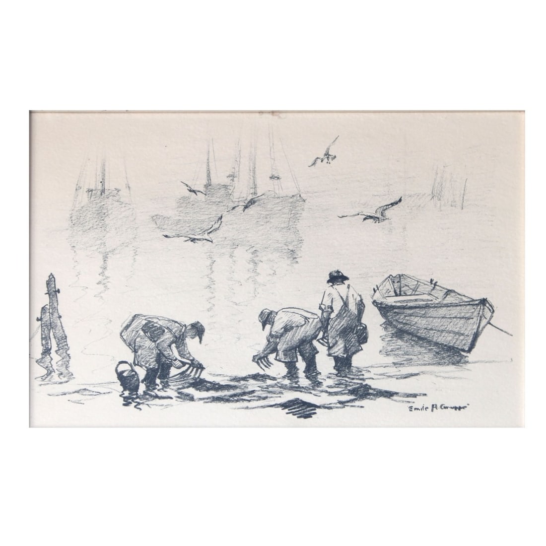 Emile A Gruppe, American (1896-1978): Emile Albert Gruppe, American (1896-1978), Charcoal on Paper, Raking Clams. Signed lower right, name plate to frame. Measures (sight): 9-3/8" H, 13-1/8" W; frame measures 19-1/8" H, 22-5/8" W. Kodner