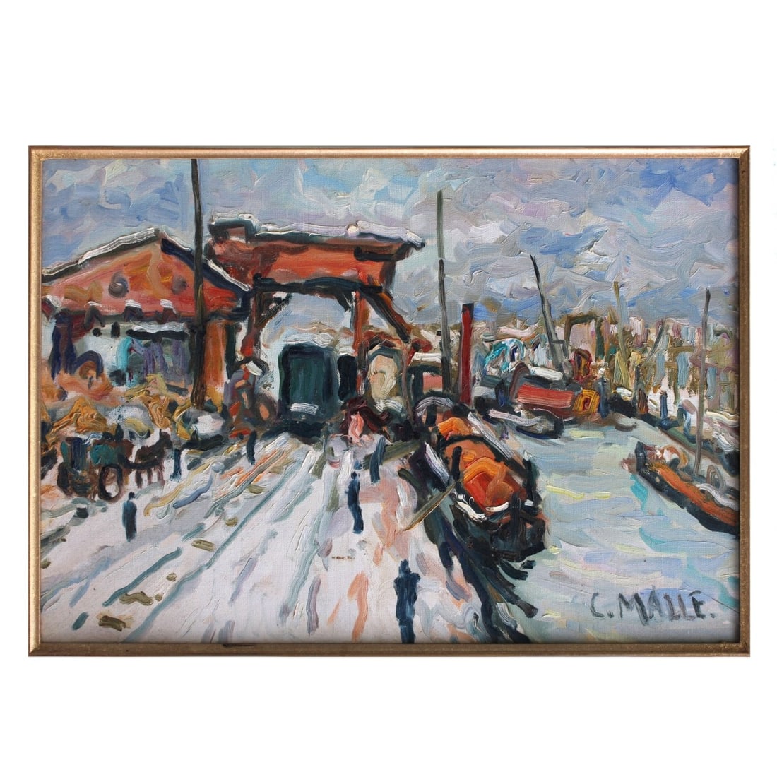 Charles Malle, French (b.1935): Charles Malle, French (b.1935), Oil on Canvas, Barges at the Marshalling Yard. Signed lower right. Measures 15" H, 20-1/2" W; frame measures 23-1/4" H, 28-1/4" W. Kodner Galleries offers phone and