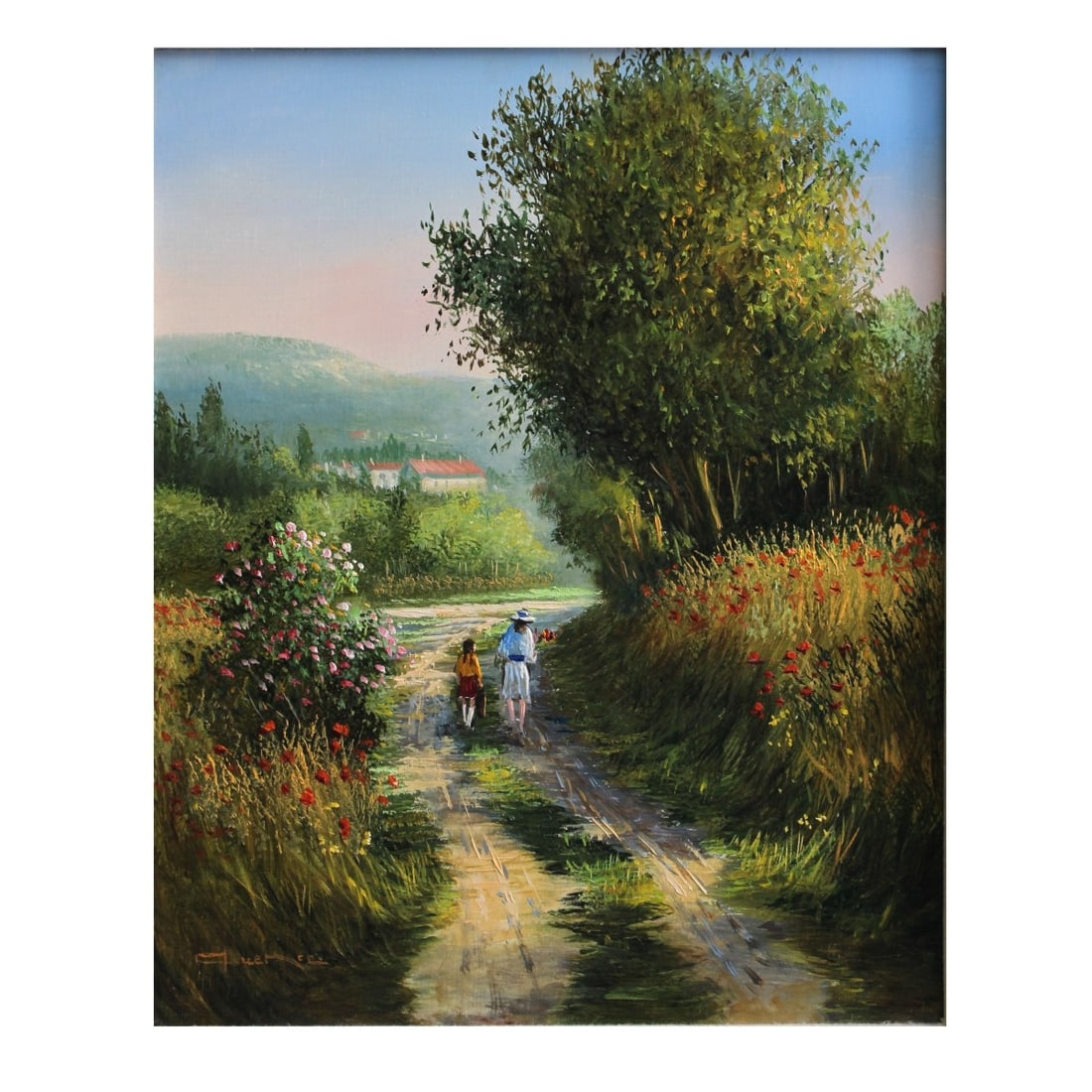 Raymond Quence, French (b.1932): Raymond Quence, French (b.1932), Oil on Canvas, Walking on a Country Path. Signed, lower left. Measures 20" H, 17" W; frame measures 25-3/4" H, 22-1/2". Kodner Galleries offers phone and absentee