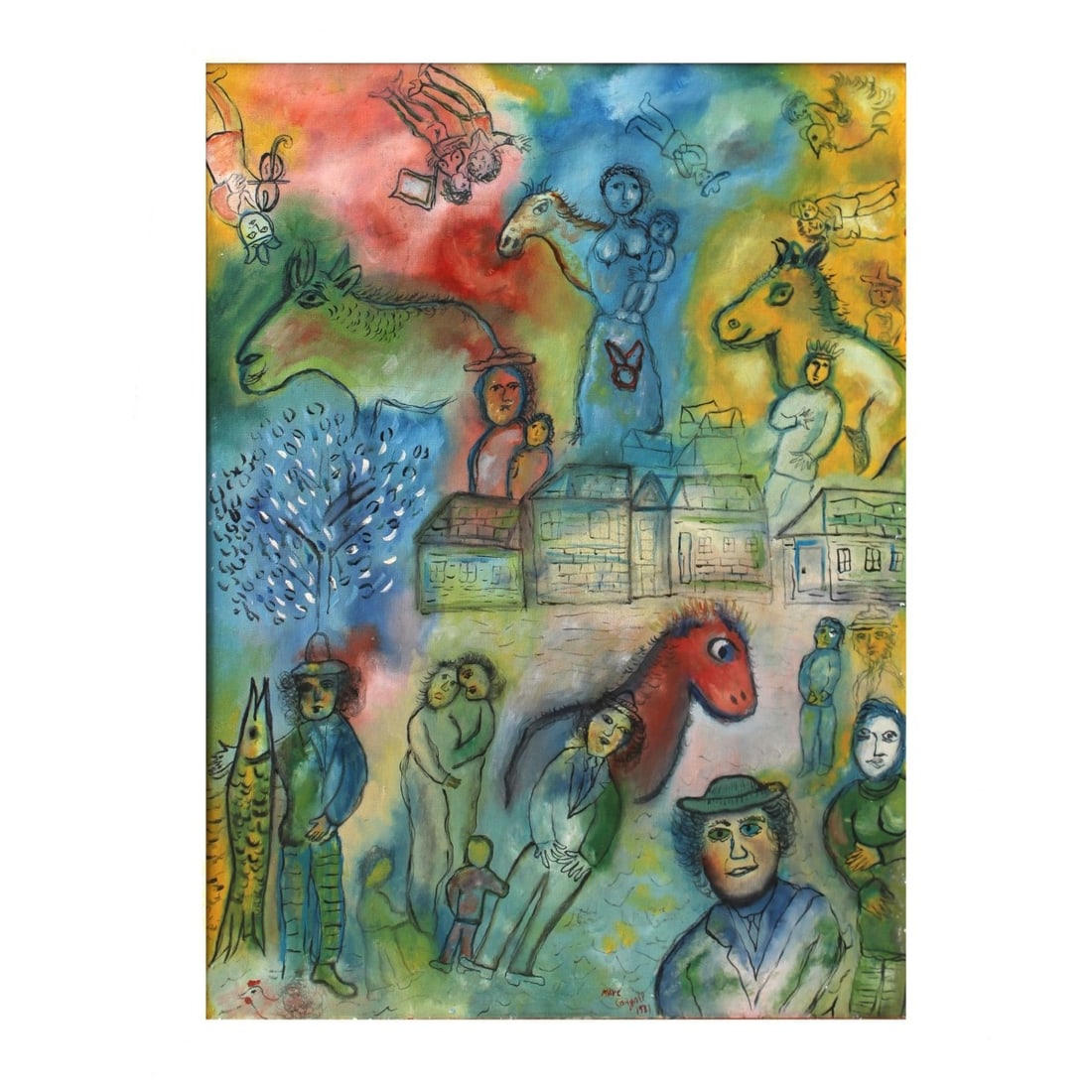Marc Chagall, Belarusian / French (1887–1985): After: Marc Chagall, Belarusian / French (1887–1985), Oil on Canvas, "Au Village Rouge". Bears signature and dated 1931 lower center. Various gallery labels and stamps to verso. Measures 31-1/2" H,