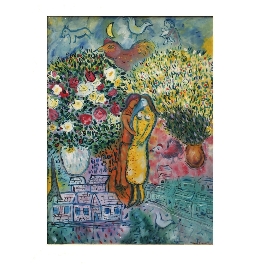 Marc Chagall, Belarusian / French (1887–1985): After: Marc Chagall, Belarusian / French (1887–1985), Oil on Canvas, "Confidence Dans Le Paysage Rose". Bears signature lower right. Various gallery labels and stamps to verso. Measures 31-1/2" H,