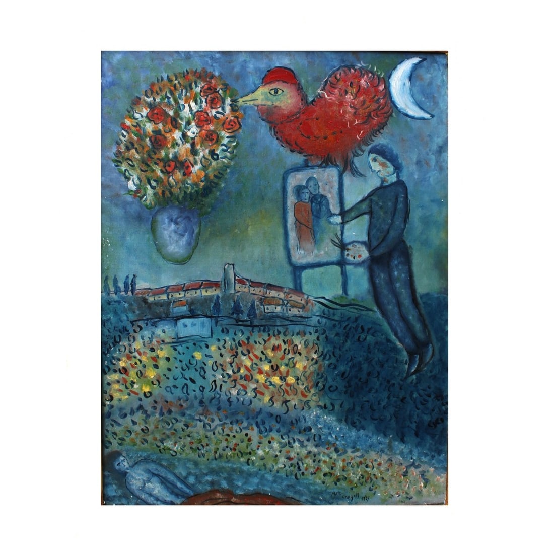 Marc Chagall, Belarusian / French (1887–1985): After: Marc Chagall, Belarusian / French (1887–1985), Oil on Canvas, "Deux Tetes". Bears signature lower right and dated 1937. Various gallery labels and stamps to verso. Measures 31-1/2" H,