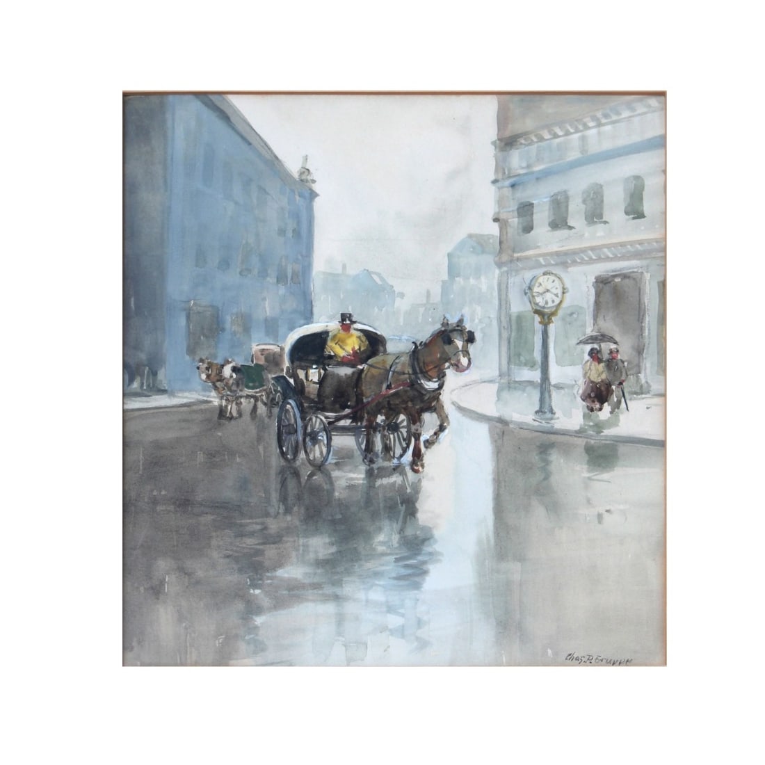 Charles Paul Gruppé, Canadian (1860–1940): Charles Paul Gruppé, Canadian (1860–1940), Watercolor on Paper, Street Scene with Horse and Carriage. Signed lower right. Measures (sight) 16" H, 13" W; frame measures 26-1/4" H, 22-1/4" W. Kodner
