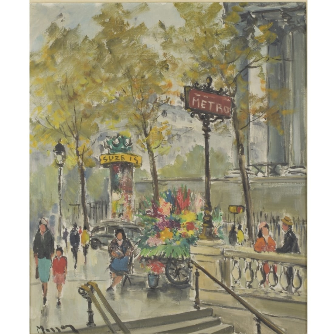 20th Century French O/C: Vintage 20th Century French O/C, Paris Street Scene. Signed illegibly lower left, possibly "Mosson". Measures 21-3/4" H, 18" W; frame measures 27" H, 23" W. Kodner Galleries offers phone and absentee