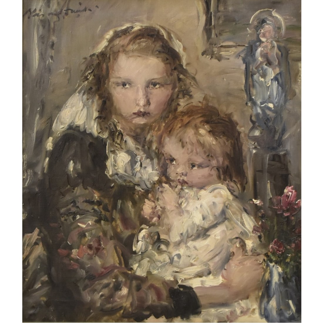 20th Cent. Oil on Canvas: 20th Century Oil on Canvas, "Mother and Child". Signed (illegibly) upper left. Measures 26-3/4" H, 21-1/2" W; frame measures 32-1/2" H, 27" W. Kodner Galleries offers phone and absentee bidding at a