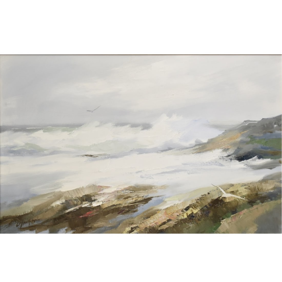 Contemporary O/C Seascape: 20th/21st Century Contemporary Oil on Canvas Atlantic Seascape. Signed illegibly lower left. Measures 24" H, 36" W; frame measures 26-3/8" H, 38-1/2" W. Kodner Galleries offers phone and absentee