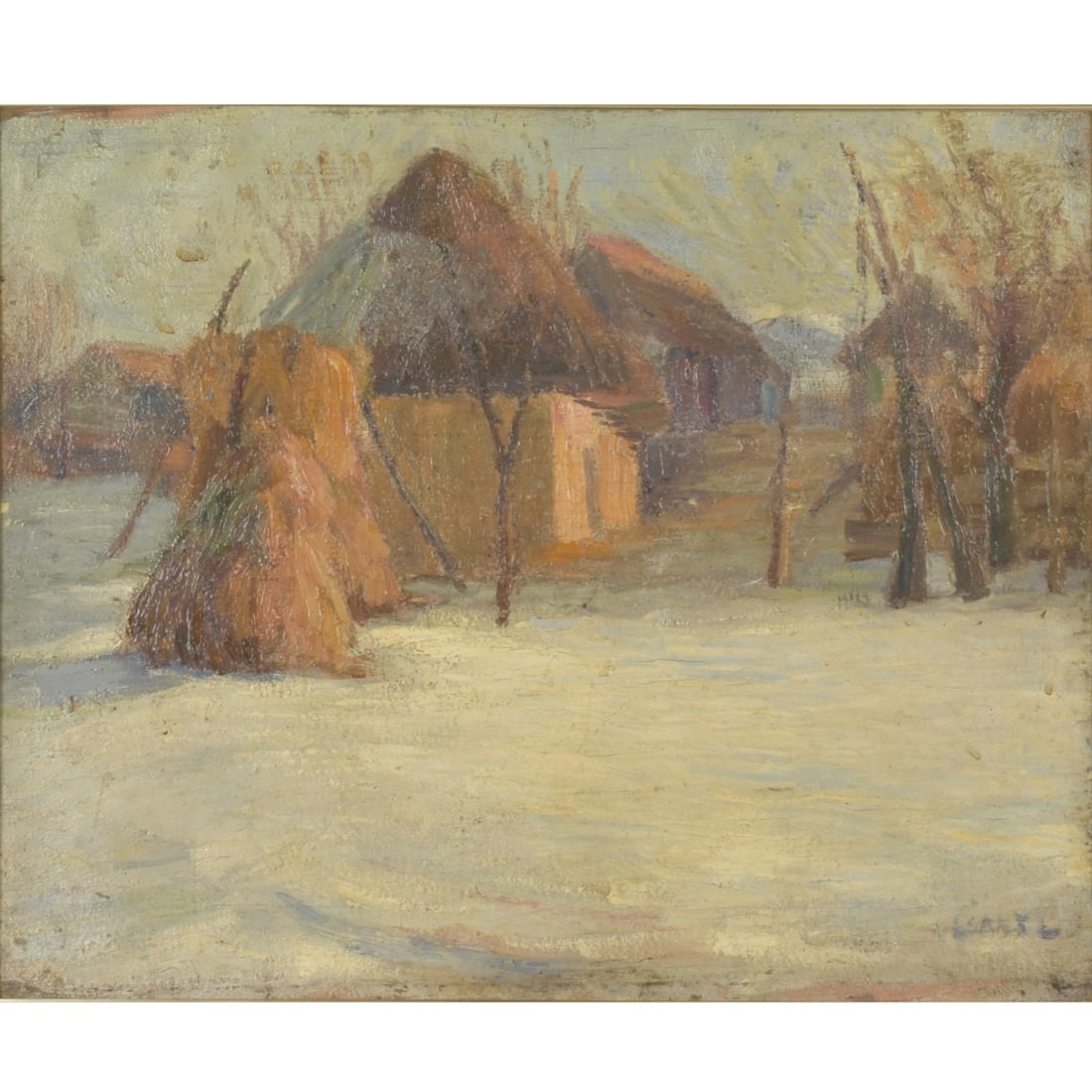 French O/C, "Village Winter": Early 20th Century French Oil on Canvas, "Village Winter". Signed illegibly lower right. Measures 20" H, 24" W, frame measures 24-5/8" H, 29" W. Kodner Galleries offers phone and absentee bidding at