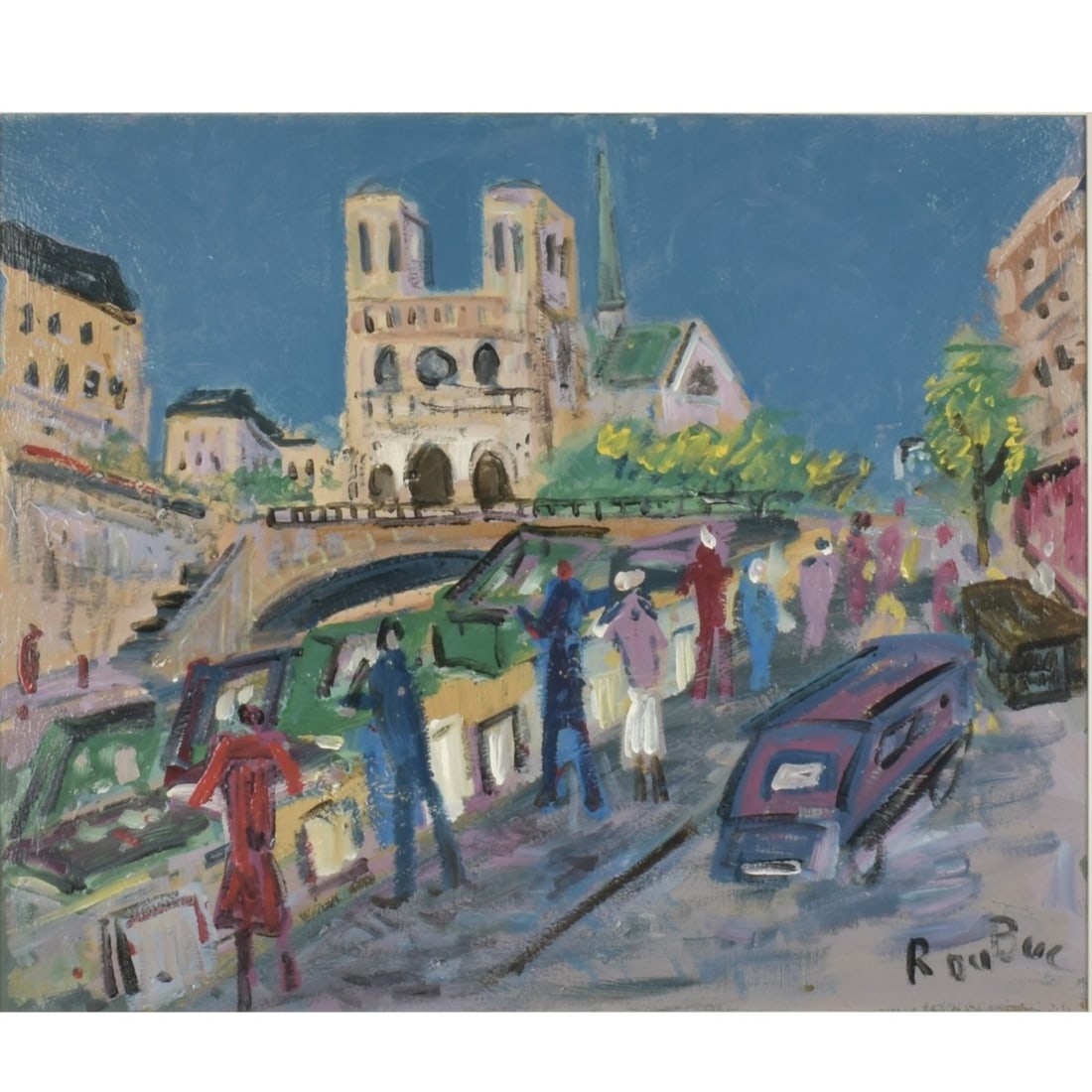 French Paris Street Scene: 20th/21st Century Impressionistic Oil on Canvas, Paris Street. Appears to be signed Roubuc. Measures 23-5/8" H, 28-3/4" W; frame measures 31-1/2" H, 36-1/2" W. Kodner Galleries offers phone and