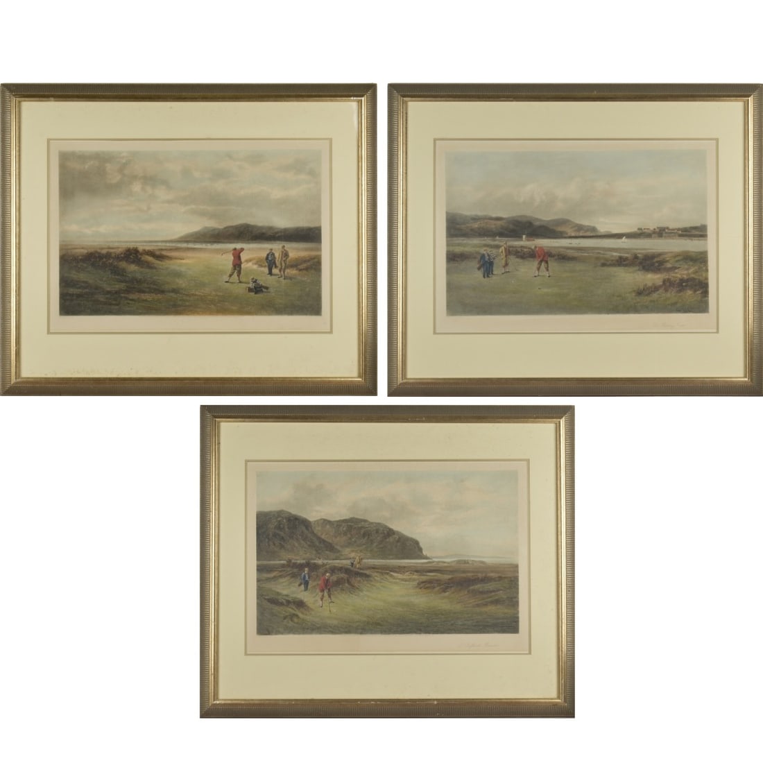 19th Century Golf Prints: Three (13) Late 19th Century Color Lithograph Golf Prints, "The Drive", "A Difficult Bunker" and 'The Putting Green" after Douglas Adams. Image measures 15-1/8" H, 24-1/2 W. Frames measure 29-1/8" H,