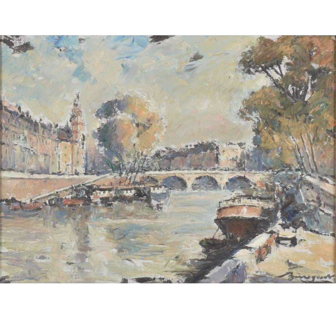20th Cent. French O/C: 20th Cent. French Oil on Canvas "Pont St. Michel". Signed illegibly lower right. Measures 12" H, 16" W; frame measures 18" H, 22-1/4" W. Kodner Galleries offers phone and absentee bidding at a low,