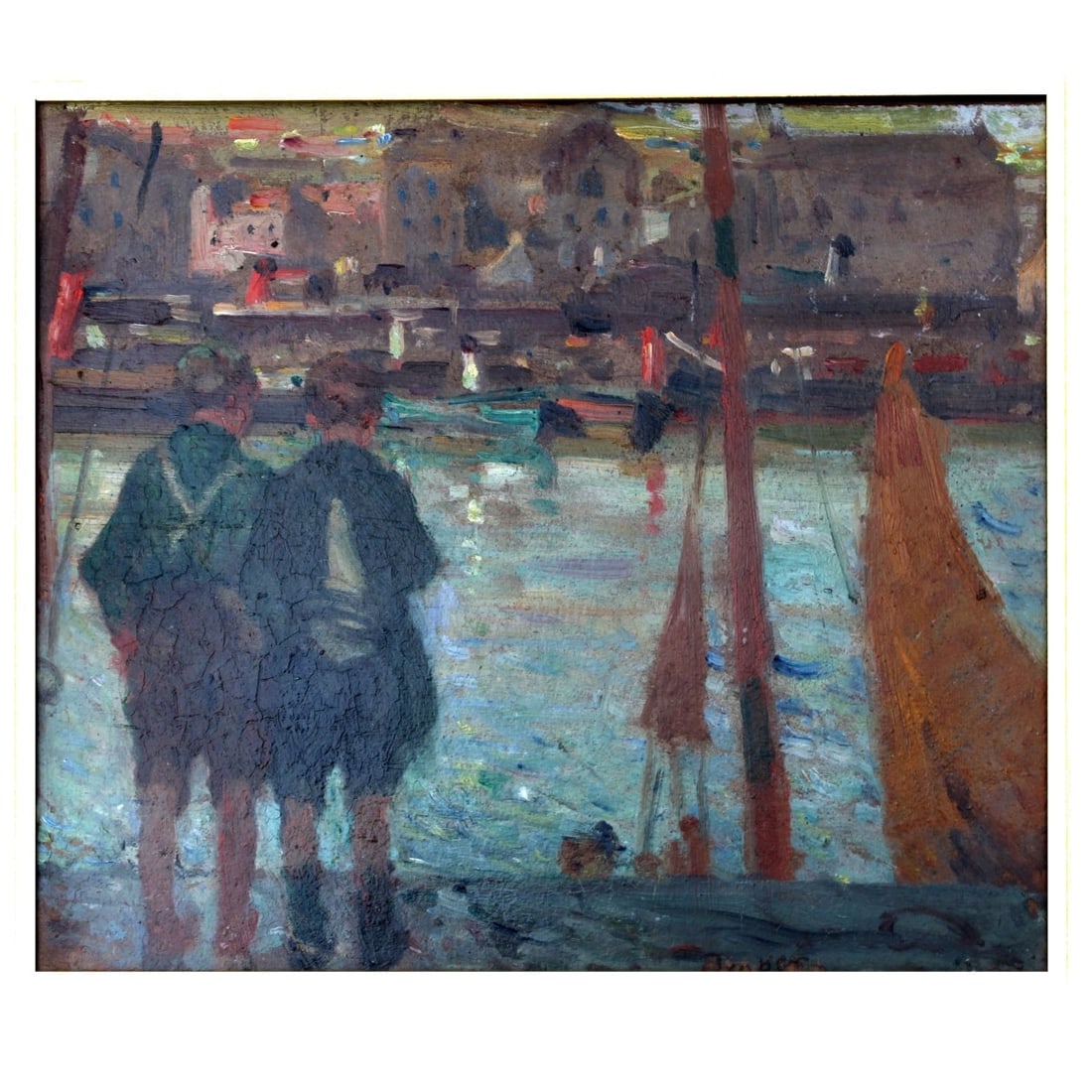20th Century O/P: Early 20th Century Oil on Found Panel, Boys at the Water's Edge. Signed illegibly lower right. Measures 11-3/8" H, 13-3/8" W; frame measures 18" H, 19-3/4" W. Kodner Galleries offers phone and