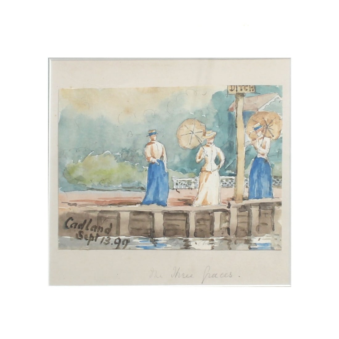 1897 Watercolor: Circa 1897 Watercolor on Paper, "The Three Graces". Inscribed "Cadland" and dated Sept. 13. 97. Measures 4-1/2" H, 6" W; frame measures 11-1/2" H, 13-1/2" W. Kodner Galleries offers phone and