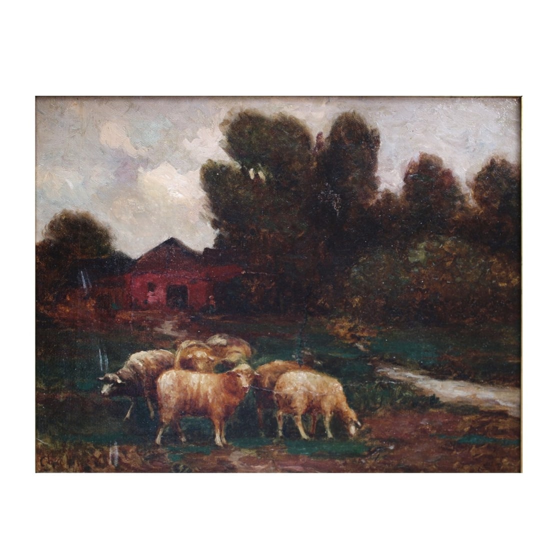 19th Cent. British School O/C: 19th Century Possibly British School Oil on Canvas, Farm Scene with Sheep. Signed (illegible) lower left. Measures 11" H, 14" W; frame measures 19-1/2" H, 22-5/8" W. Kodner Galleries offers phone and