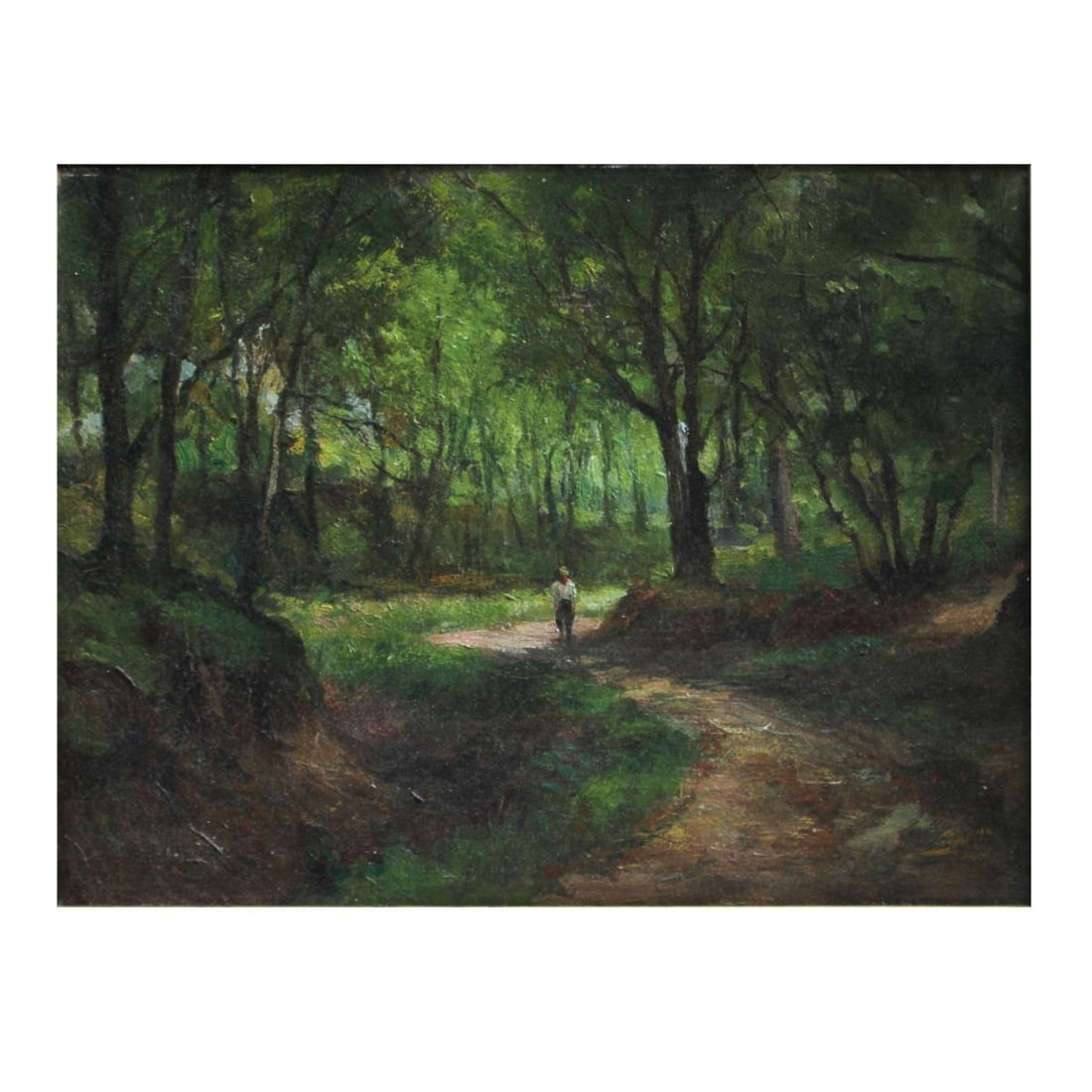 Charles Paul Gruppé, Canadian (1860–1940): Attrib. to Charles Paul Gruppé, Canadian (1860–1940), Oil on Canvas, Wooded Landscape with Figure. Pencil signature to stretcher. Measures 11-1/2" H, 15" W; frame measures 20" H, 23-1/2" W. A work