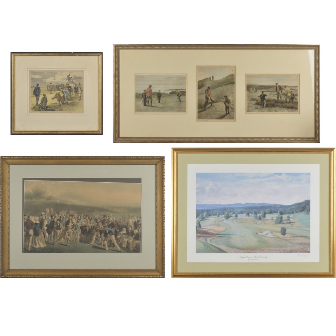 19th & 20th Cent. Golf Prints: Collection of 19th and 20th Century Golf Prints. To include hand colored engraving prints and a color lithograph. Various artists. Largest frame measures 18" H, 38-1/2" W. Kodner Galleries offers