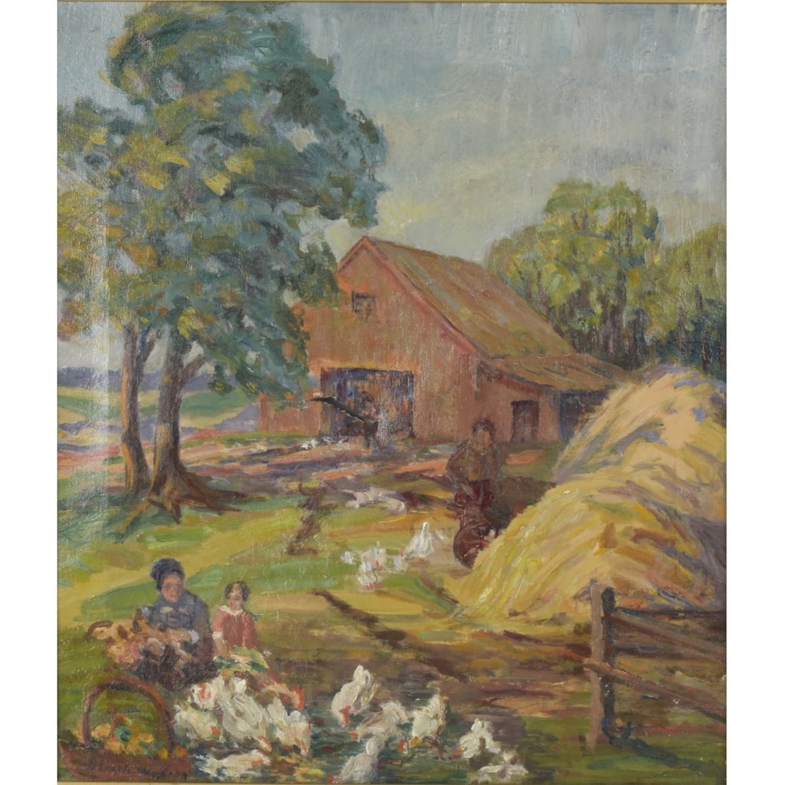 20th Cent. O/C, Farm Scene: 20th Century Oil on Canvas, Farm Scene. Signed illegibly lower left. Measures 21" H, 18" W; frame measures 25-1/2" H, 22-1/2" W. Kodner Galleries offers phone and absentee bidding at a low, flat 21%