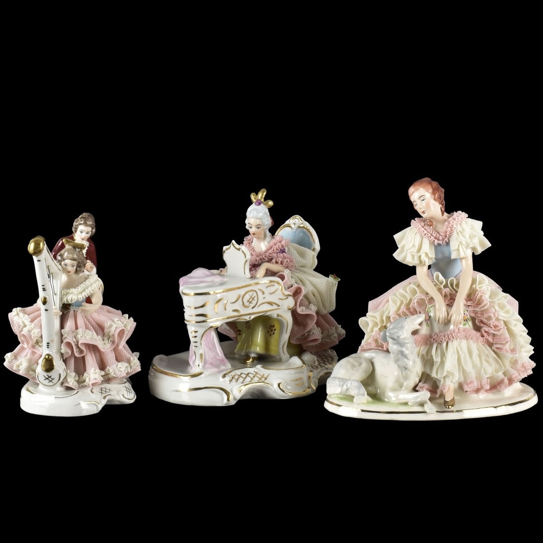 Wilhelm Rittirsch Dresden Sculptures: Vintage Collection of Three (3)) Wilhelm Rittirsch Dresden Lace Porcelain Sculptures. All marked to the bottoms. Tallest measures: 6-1/2" high, smallest measures: 51/8" high. Kodner Galleries offers