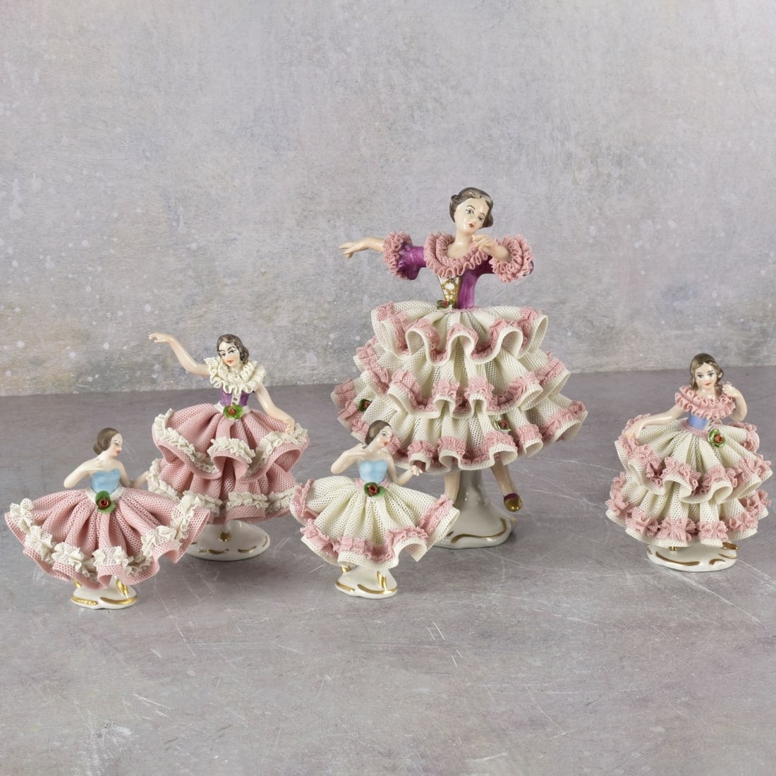 Wilhelm Rittirsch Dresden Ballerinas: Vintage Collection of Five (5) Wilhelm Rittirsch Dresden Lace Porcelain Ballerina Sculptures. All marked to the bottoms. Tallest measures: 7" high, smallest measures: 3-1/8" high. Kodner Galleries