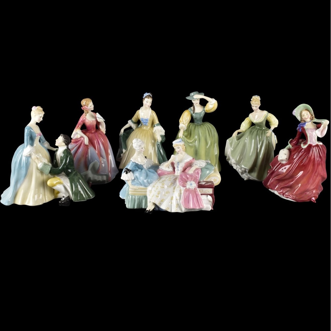 Collection of Royal Doulton Figurines: Collection of Seven (7) Royal Doulton Gloss Porcelain Figurines. Each properly marked to the bottom. Tallest "Buttercup" figure measures: 7-1/4" high, 4-1/4" wide, 4-1/2" deep, shortest "The Love