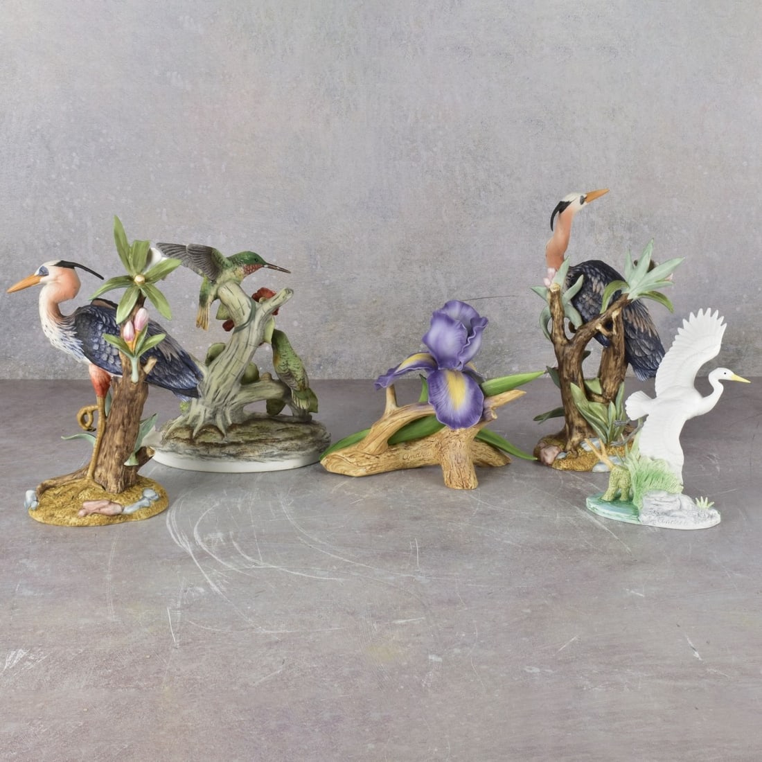 Painted Bisque Figurines: Collection of Five (5) Painted Bisque Figurines. Consisting of Two (2) Gorham Gallery bird figures, tallest measures: 8-1/2" high, three (3) Andrea nature sculptures, smallest (White Heron) measures: