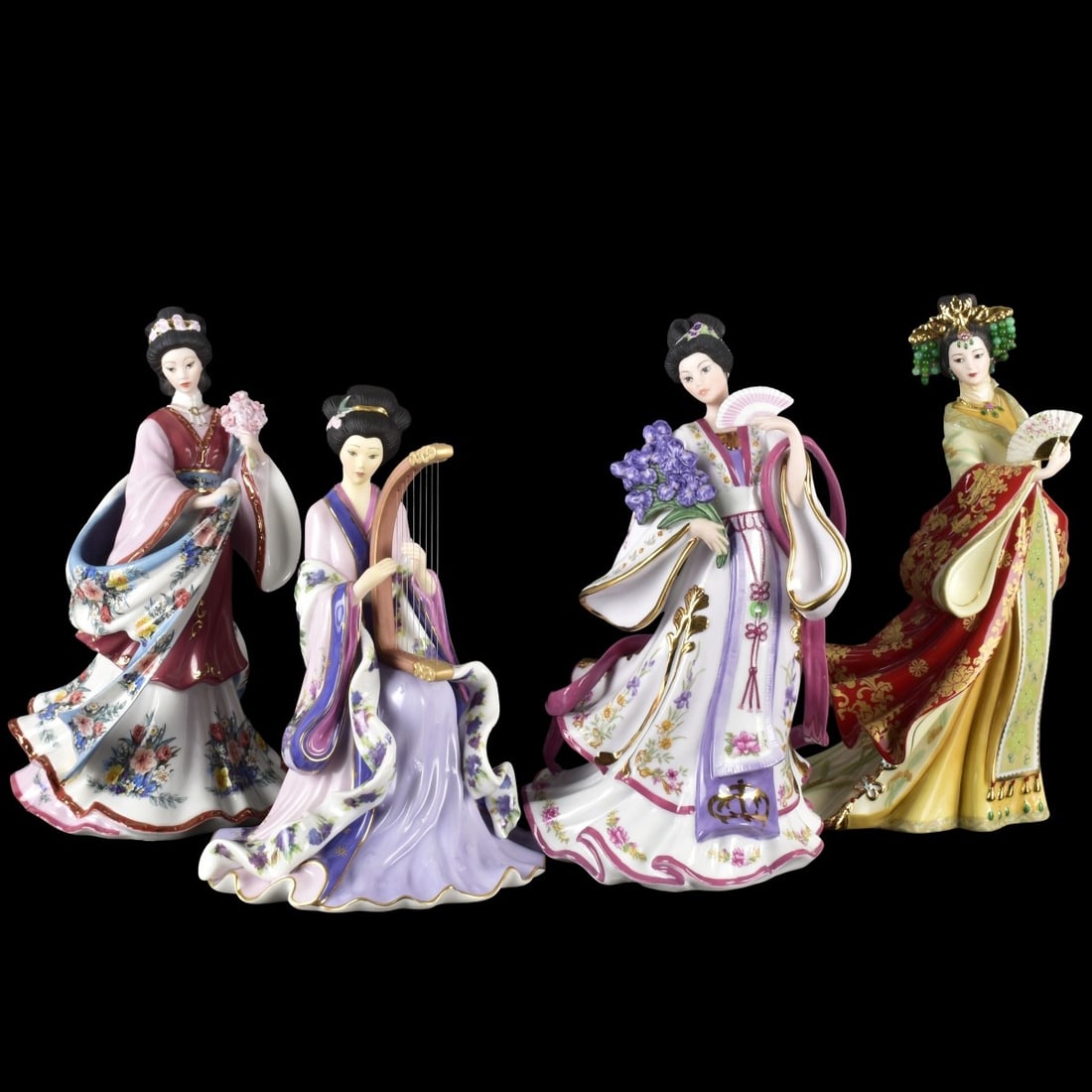 Danbury Mint by Lena Liu Sculptures: Danbury Mint by Lena Liu Painted Gloss Porcelain Geisha Sculptures. Each titled and marked to the bottoms. Tallest (Jade Empress) measures: 10" high, 5" wide, 6" deep. Kodner Galleries offers phone
