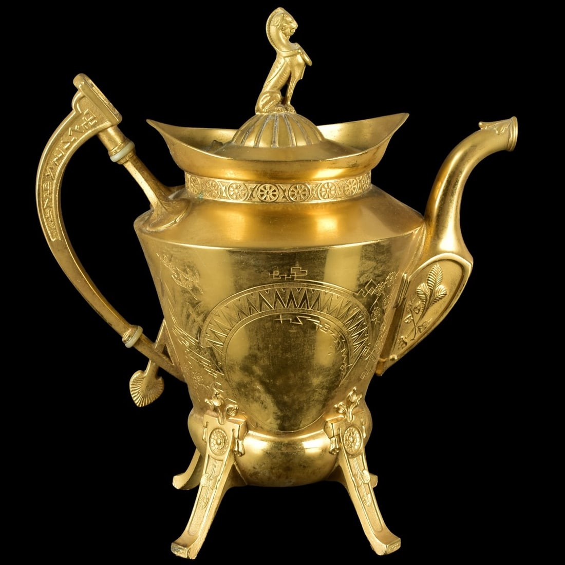 Antique Reed and Barton Coffee Pot: Antique Reed and Barton Pattern Number 2626 Egyptian Revival Gold Plated Coffee Pot with Chased Viking Ships and a Griffin Finial Supported on Four (4) Protruding Legs. Measures: 10-1/8" high, 9"