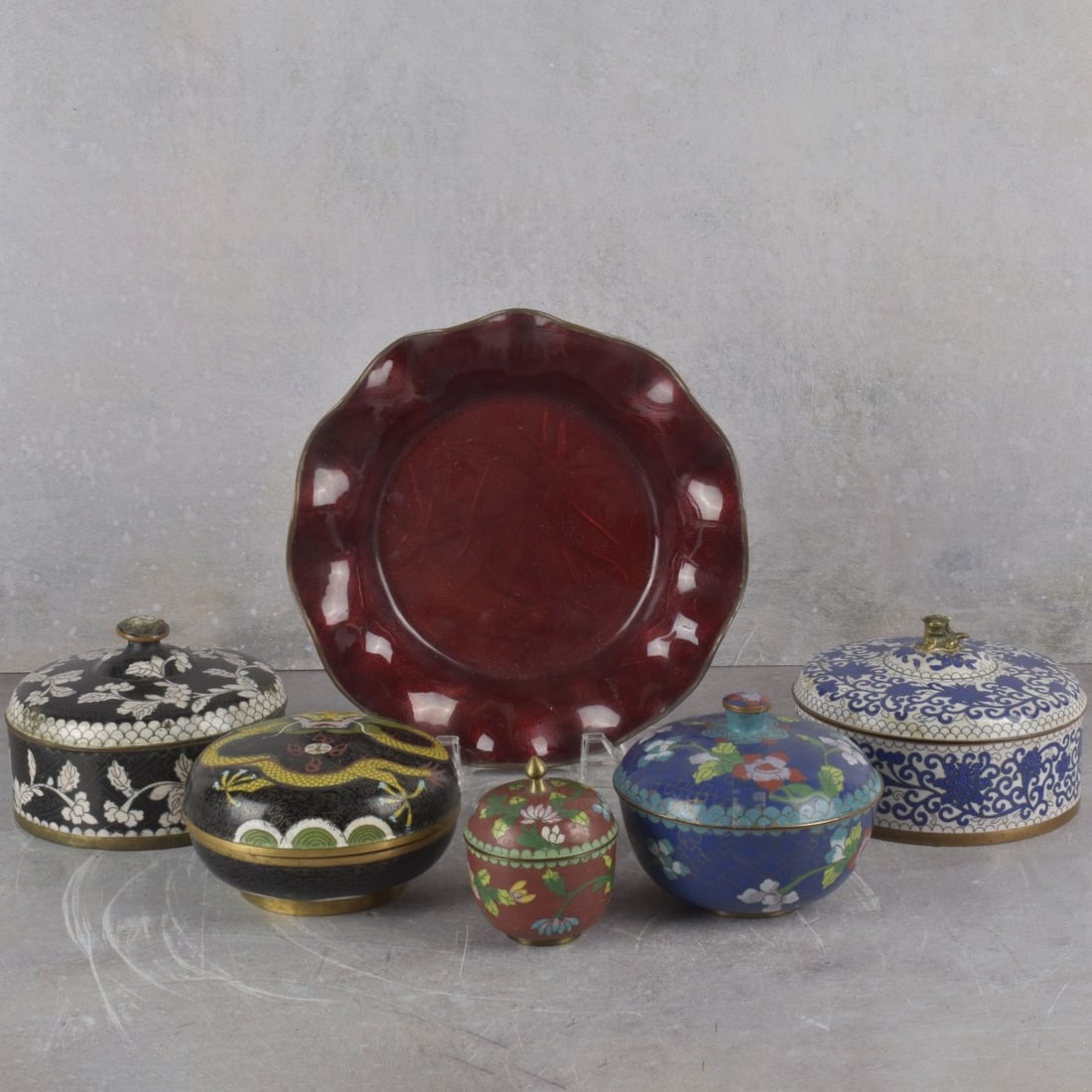 Collection of Cloisonne Pieces: Collection of Six (6) Vintage Chinese Cloisonne Pieces. Largest measures: 3-1/2" high, 5-1/4" diameter, smallest jar measures: 3" high, 2-1/2" diameter. Kodner Galleries offers phone and absentee