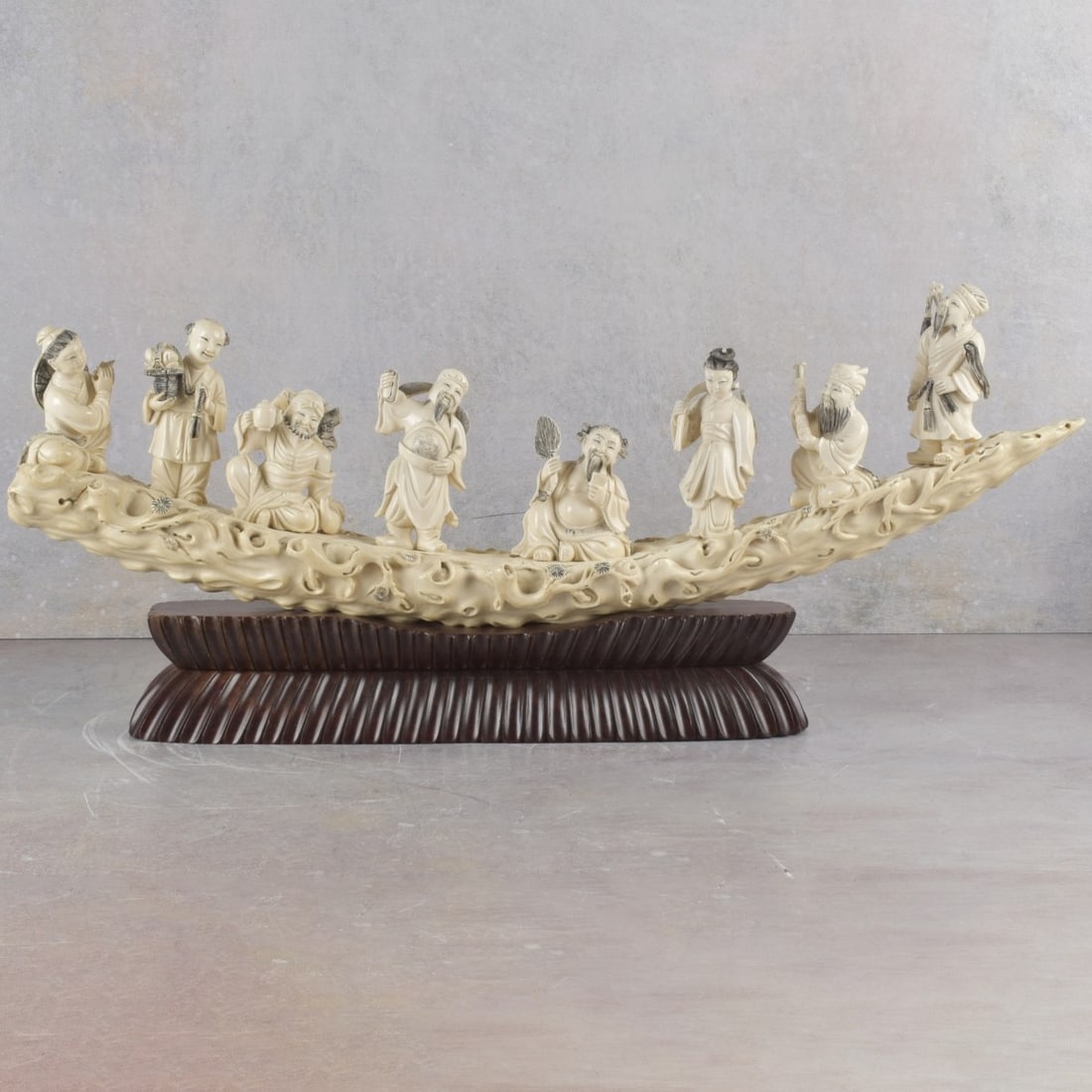 Vintage Chinese Carving of Immortals: Vintage Chinese Organic Material Carving of Eight (8) Chinese Immortals on a Bridge. Measures: 9" high, 24" long, 3-1/4" deep. We Will Not Ship This Item Outside of the State of Florida. Anyone Having