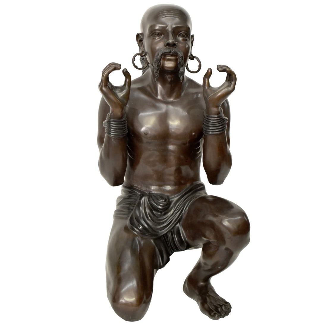 Bronze Mongolian Warrior Figure: Life Size Bronze Figure of a Kneeling Mongolian Warrior Dressed in Loincloth and Earrings with Traditional "Ponytail" and Moustache. Measure 35" H, 17" W, 21" D. Condition: Good condition. Estimate: $