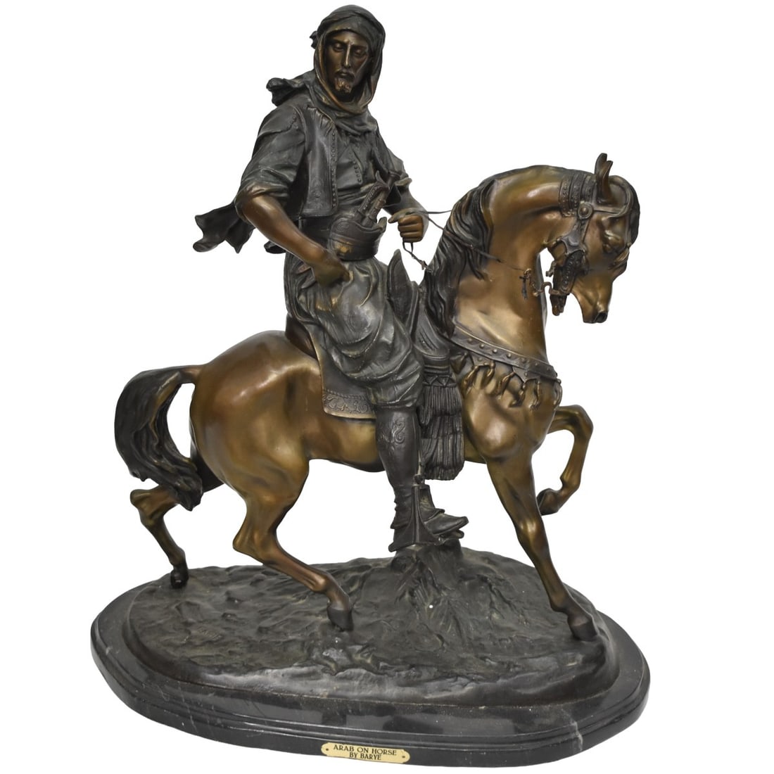 Antoine-Louis Barye Bronze Sculpture: After: Antoine-Louis Barye, French (1796-1875), Large Bronze Sculpture on Marble Base, Arab on Horseback. Signed Barie [sic]. Sculpture measures 27" H, 21-1/2" L. Condition: Good condition. Estimate: