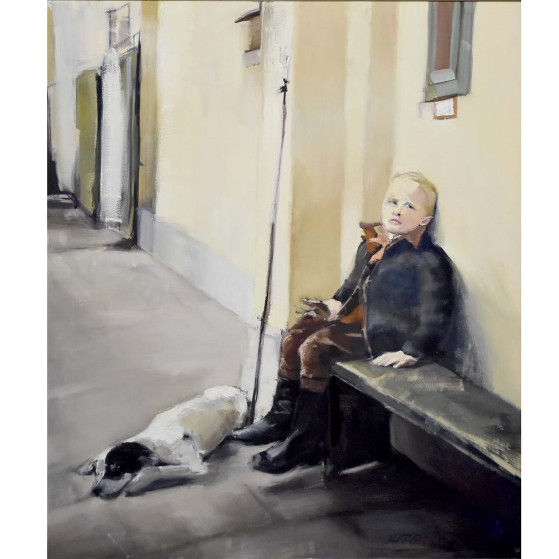 Heather Becker, American (20th Cent.): Heather Becker, American (20th Cent.), Oil on Canvas, Boy with Dog. Signed and dated '87' Lower right. Measures 48" H, 40" W; frame measures 56" H, 48" W. Condition: Good condition. Estimate: $200.00