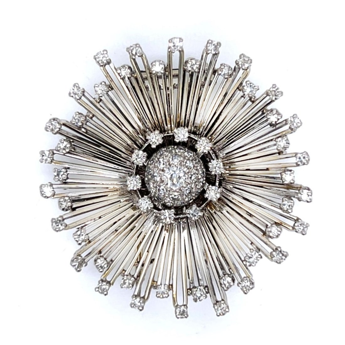 Deco Diamond and Platinum Brooch: Art Deco Diamond and Platinum Starburst Brooch. Set with approx. 3.5 carat TW round brilliant cut diamonds, F-G color, VS1-VS2 clarity. Measures 1-3/4" L. Approx. weight: 20.7 grams. Condition: Very