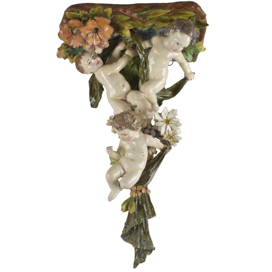 Faience Wall Sconce: Large Vintage Probably Italian Faience Figural Sconce with Putti and Flowers. Unsigned. Measures 21-1/2" H, 14-1/2" W, 9" D. Condition: Good vintage condition with minor losses to leaves and flowers a